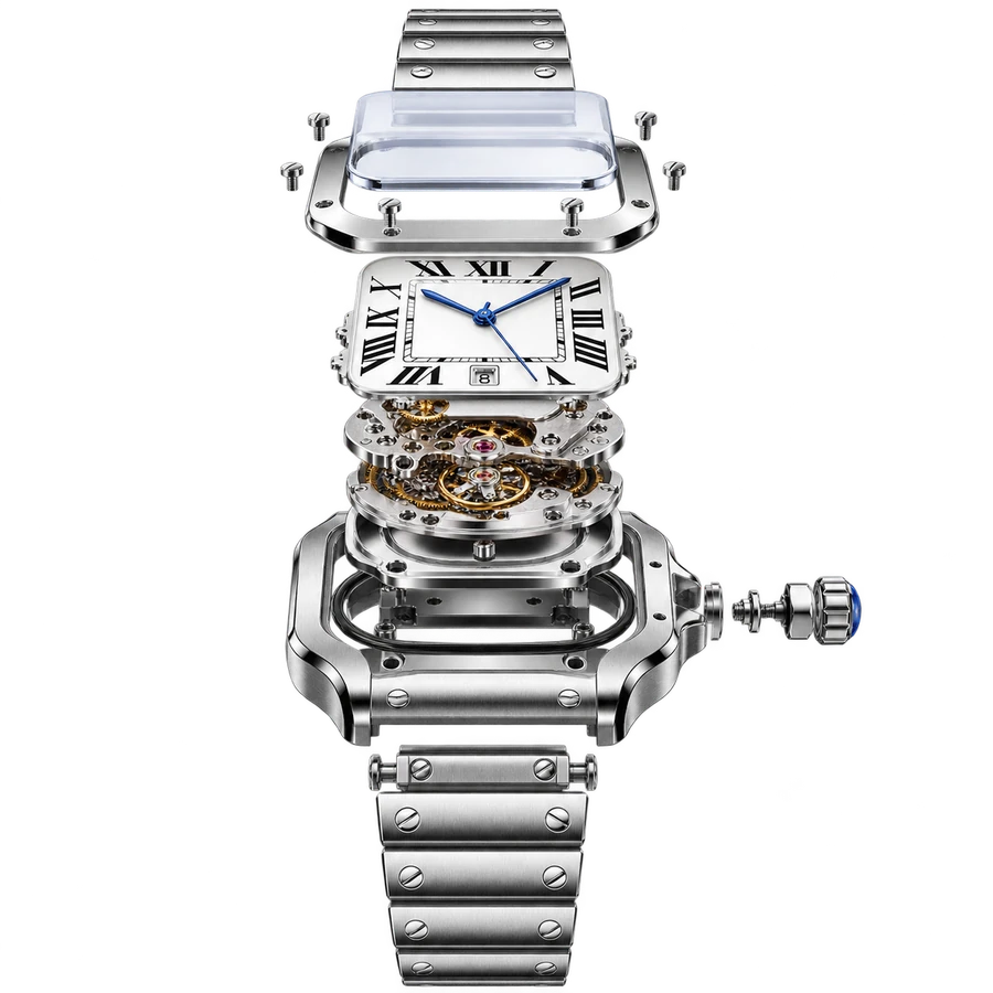 Illustrative exploded view of a square stainless steel watch with separated crystal, dial, movement, case, and bracelet