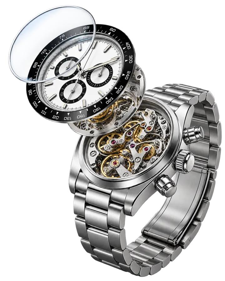 Illustrative exploded view of a chronograph watch showing its crystal, dial, movement, case, and steel bracelet