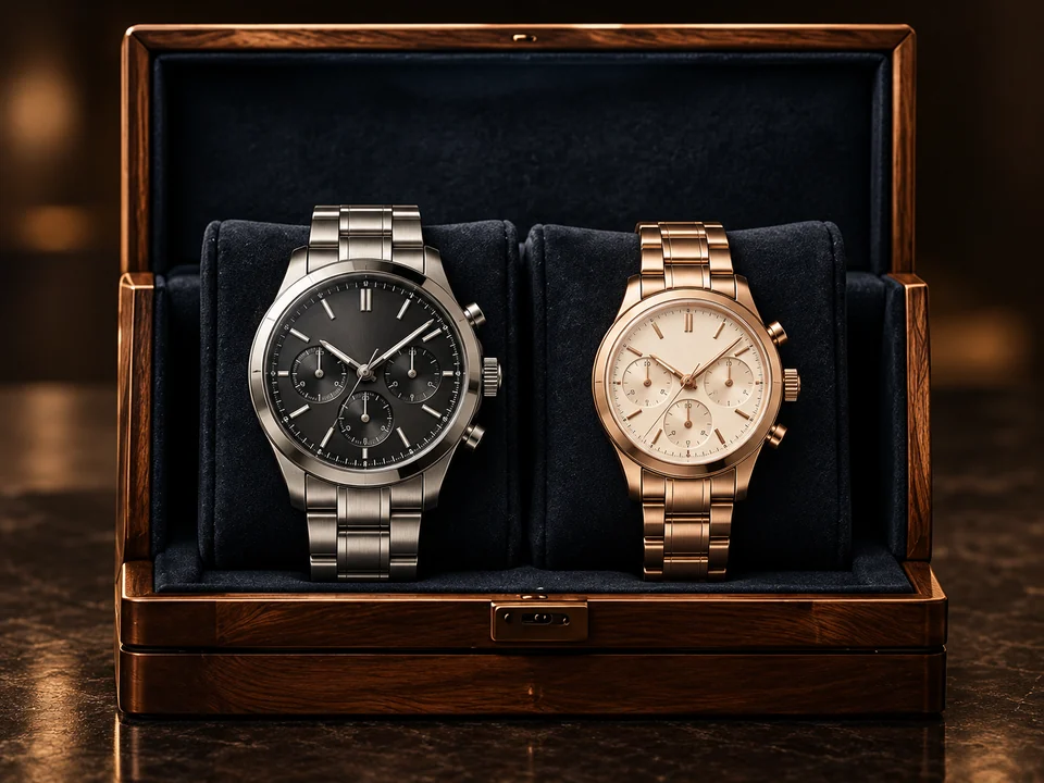 Styling concept: charcoal and ivory watches with three subdials each, in the same walnut box.