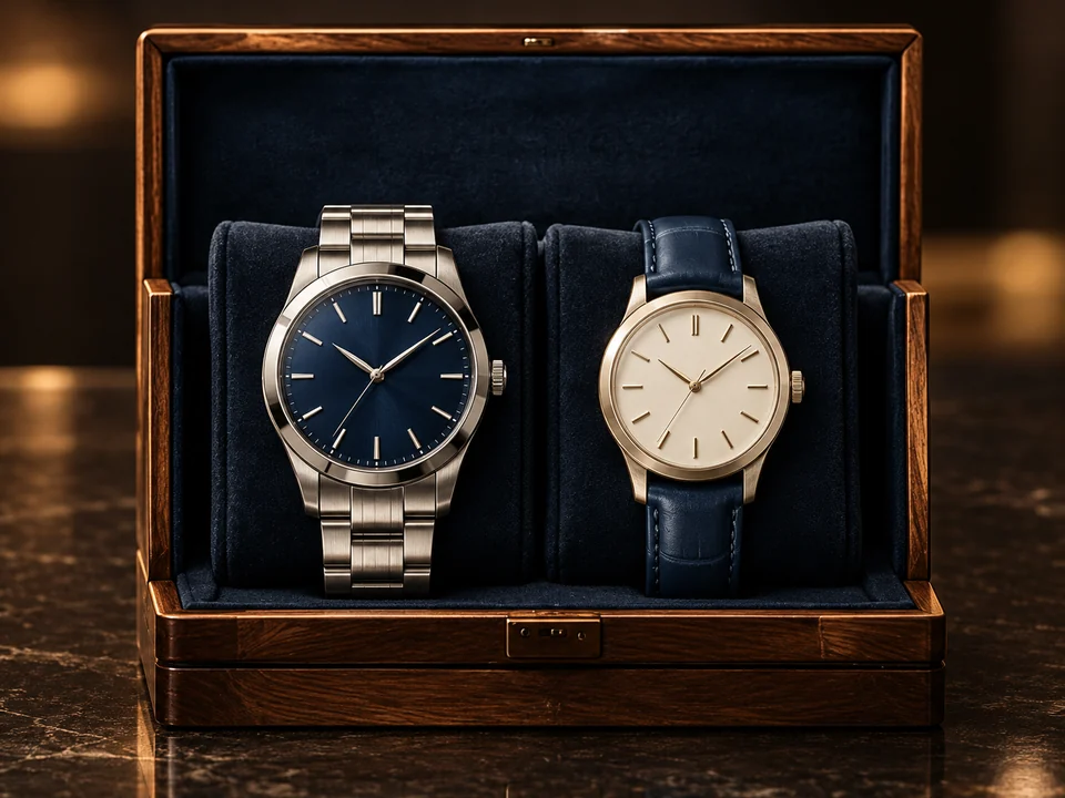 Styling concept: blue and ivory three-hand watches on navy cushions in an open walnut box.