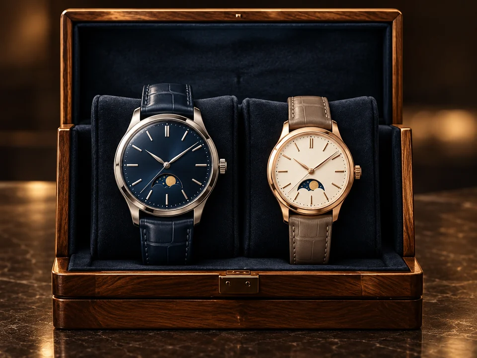 Styling concept: blue and ivory watches with visible moon-and-star dial apertures, on navy cushions.