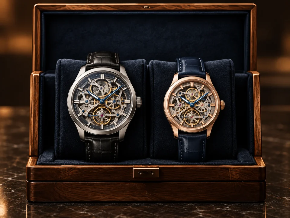 Styling concept: steel and rose-tone watches with open dials and visible gears, in a walnut box.
