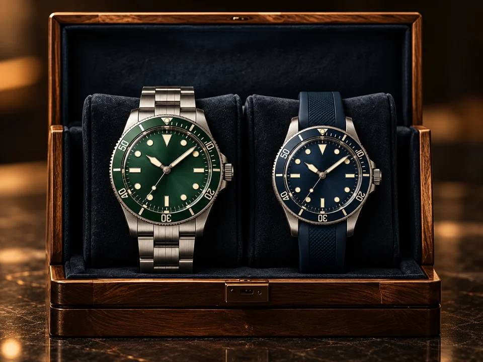 Styling concept: green and navy sport watches with marked bezels, on steel and navy straps.